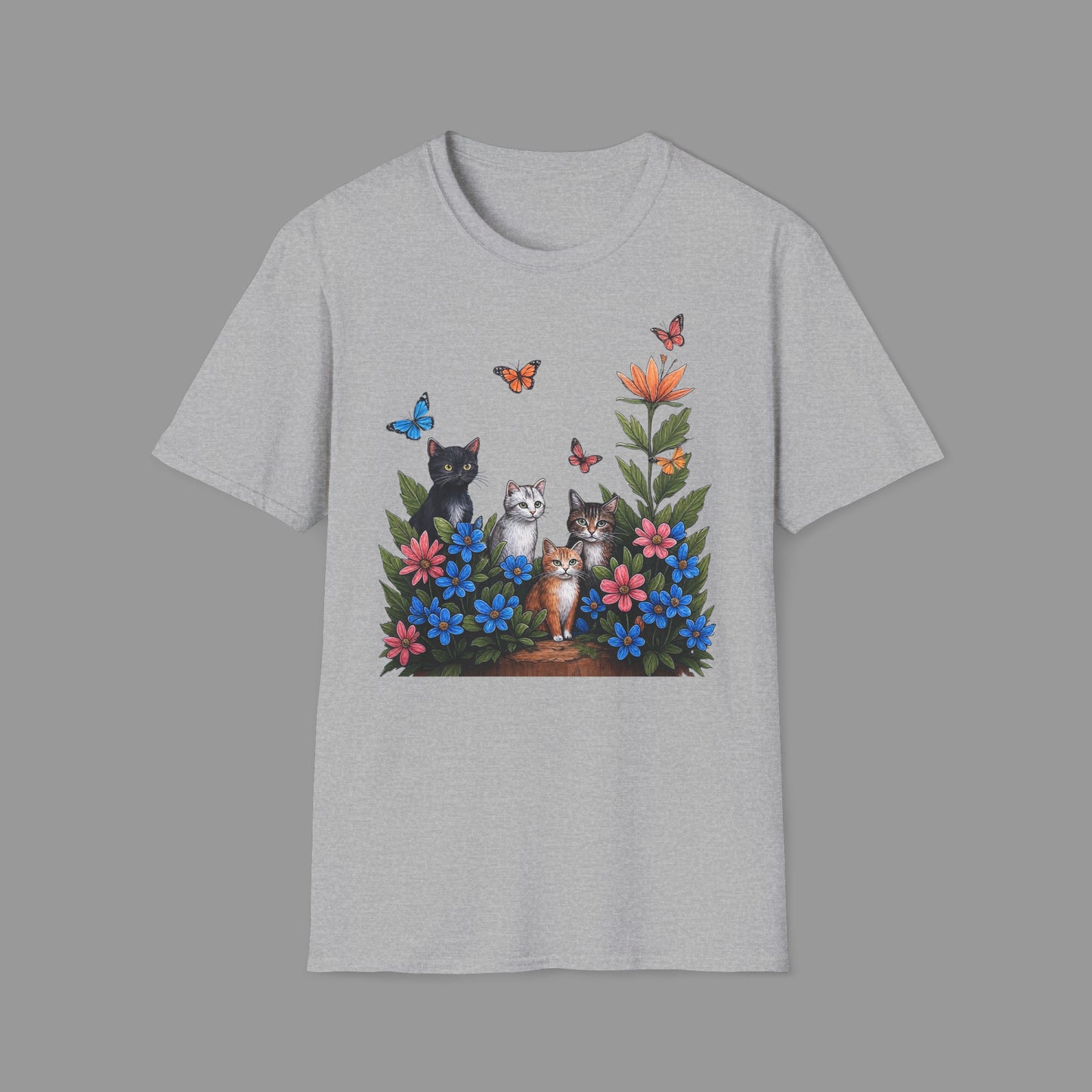 PAWSUPREMACY - Cute Cats T Shirt with Colorful Flowers and Butterflies Nature Inspired Graphic Tee for Cat Lovers