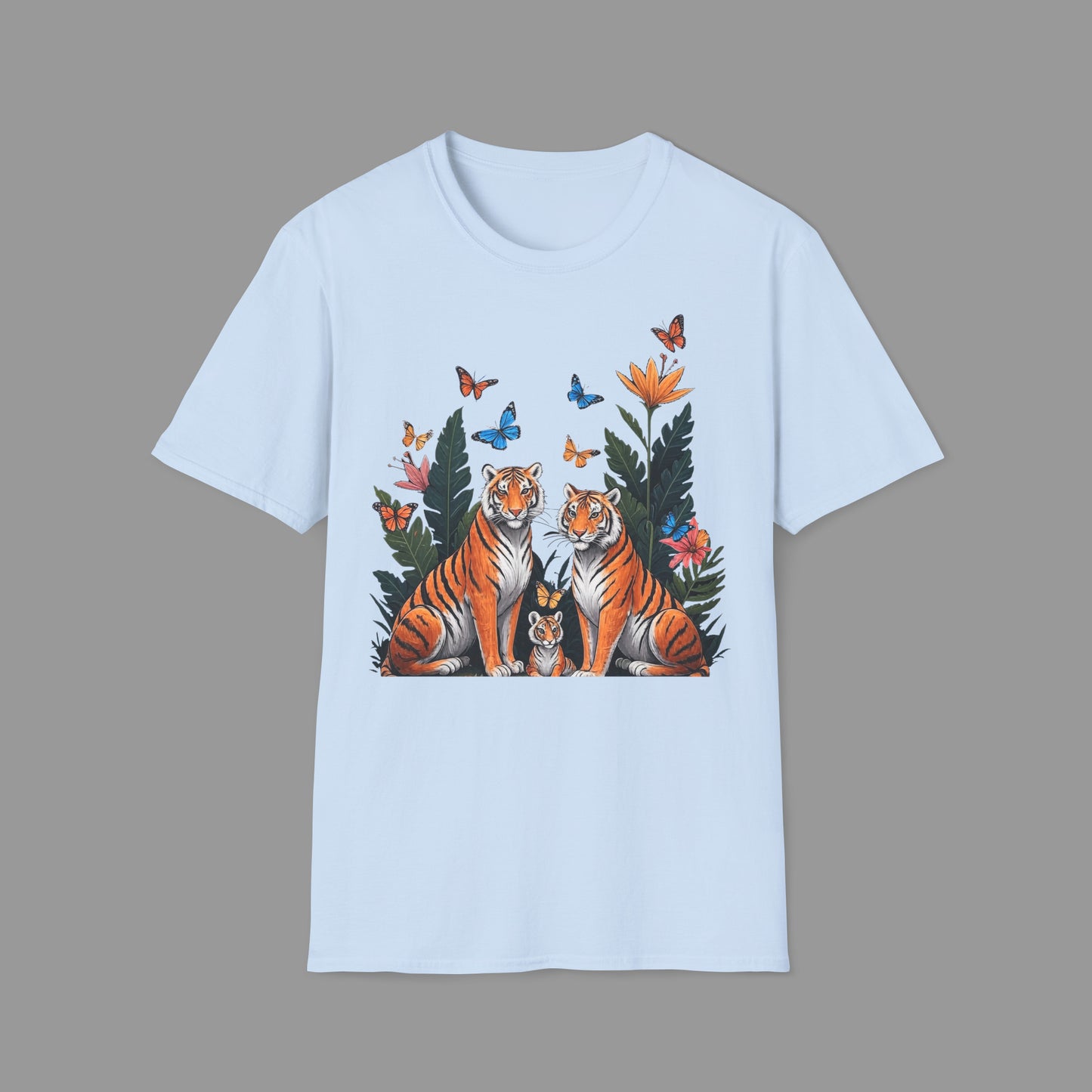 PAWSUPREMACY - Cute Tiger Family T Shirt with Butterflies and Jungle Flowers Organic Cotton Unisex Shirt