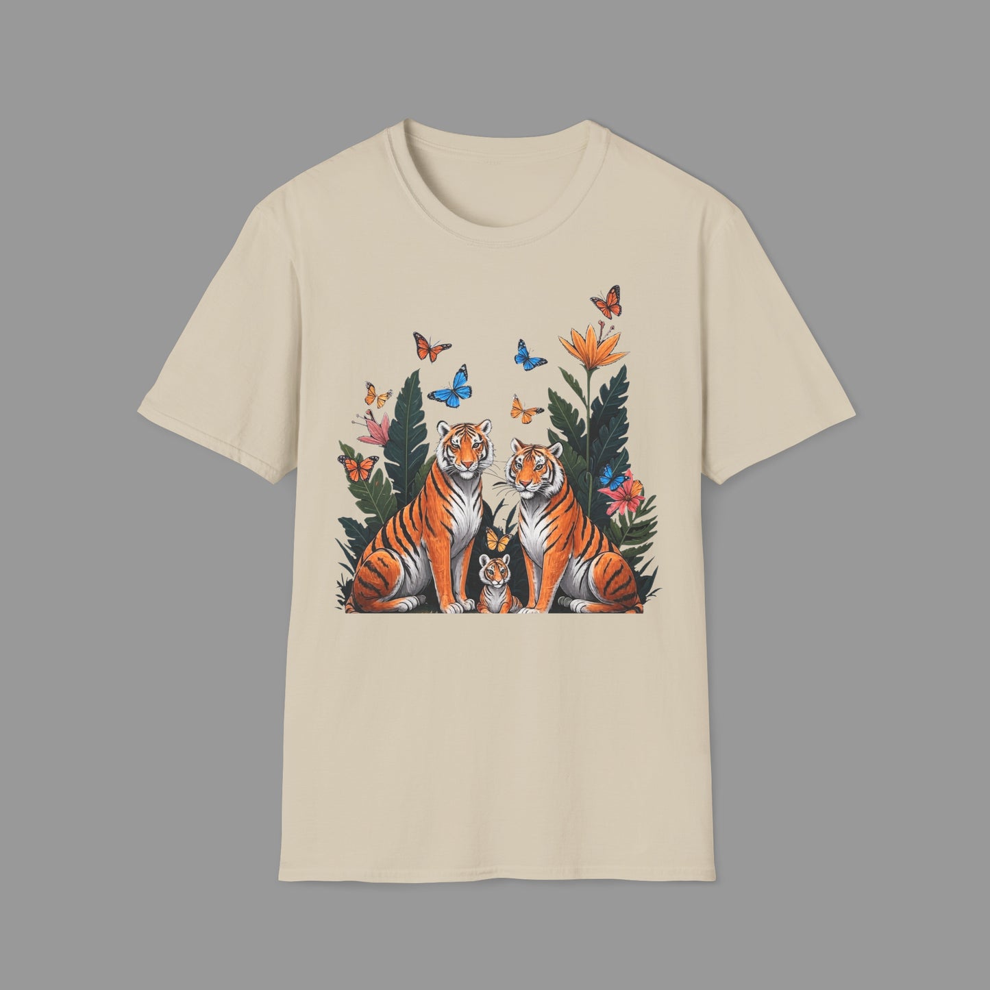 PAWSUPREMACY - Cute Tiger Family T Shirt with Butterflies and Jungle Flowers Organic Cotton Unisex Shirt