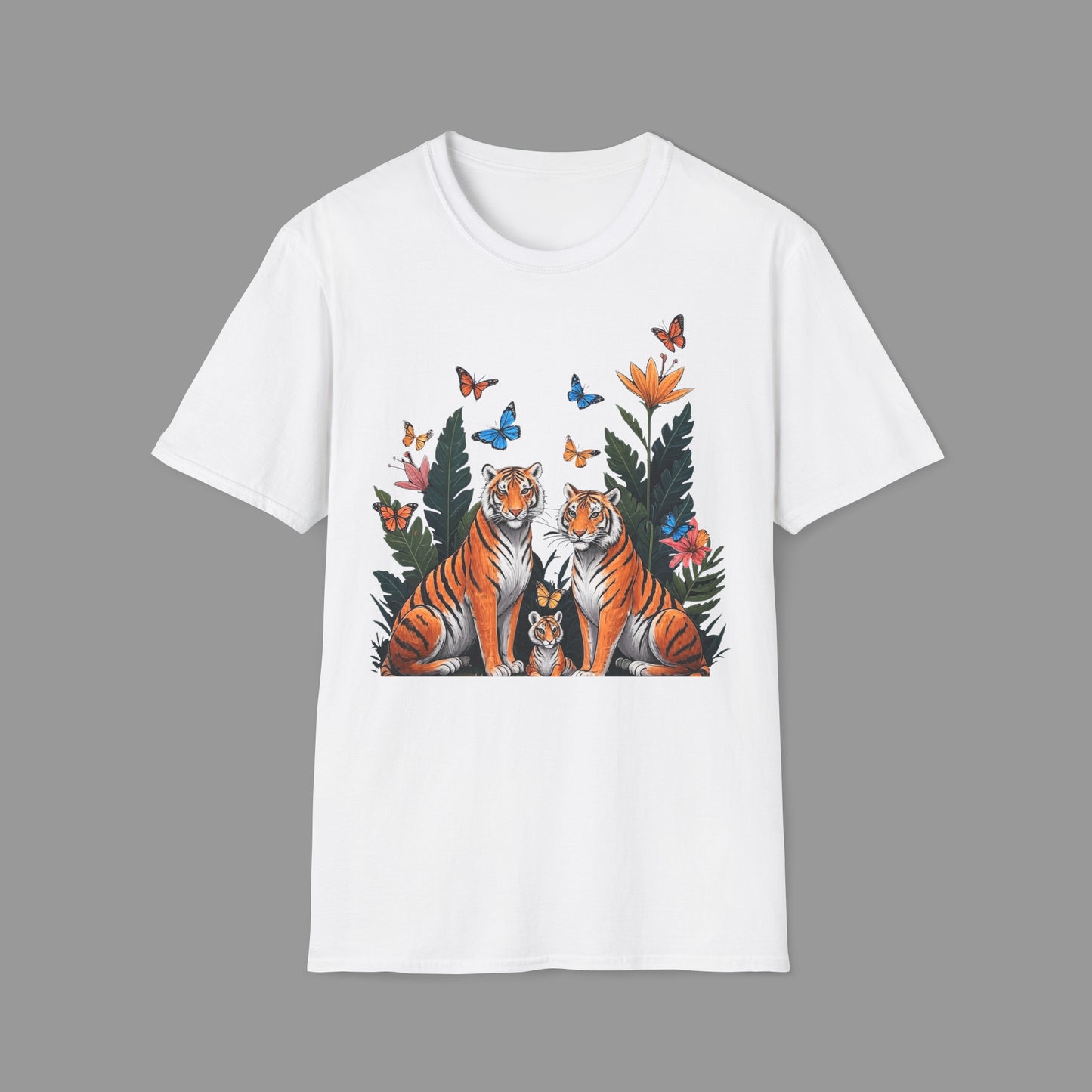 PAWSUPREMACY - Cute Tiger Family T Shirt with Butterflies and Jungle Flowers Organic Cotton Unisex Shirt