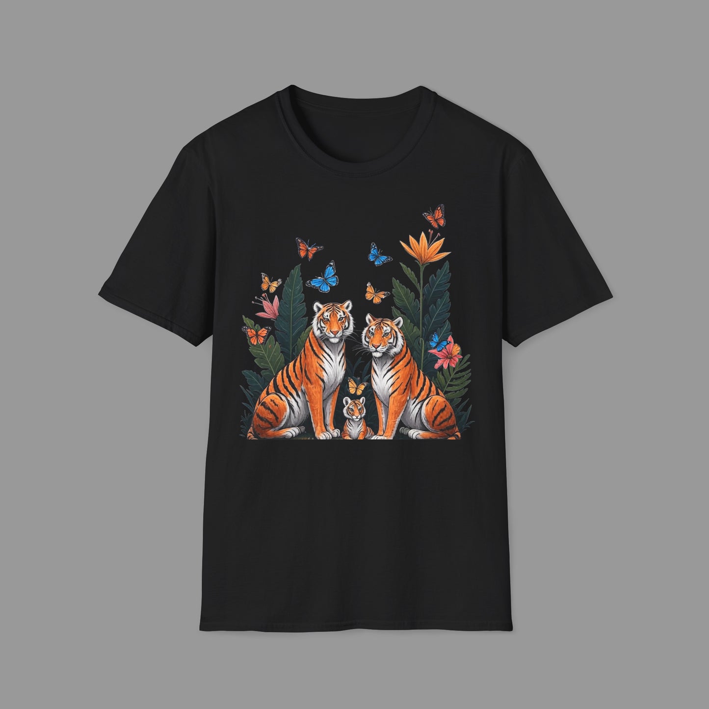 PAWSUPREMACY - Cute Tiger Family T Shirt with Butterflies and Jungle Flowers Organic Cotton Unisex Shirt