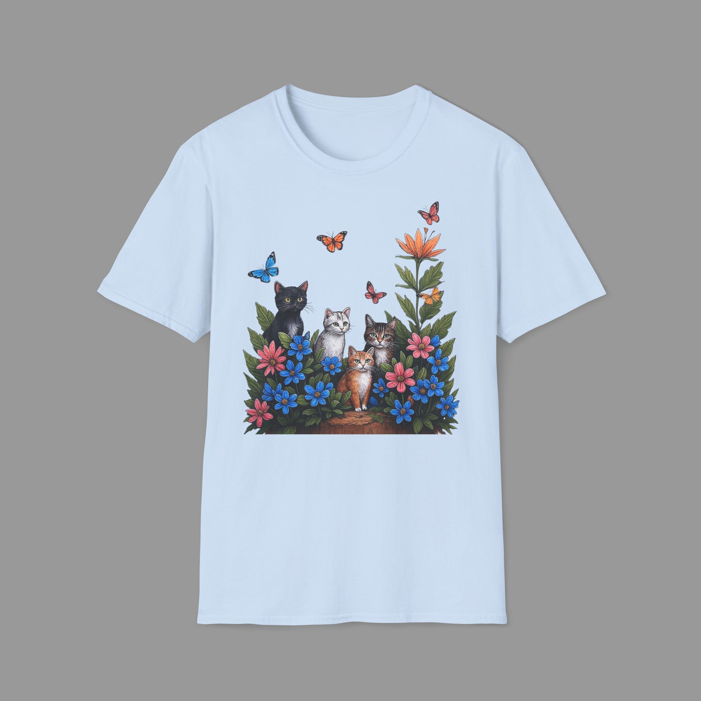 PAWSUPREMACY - Cute Cats T Shirt with Colorful Flowers and Butterflies Nature Inspired Graphic Tee for Cat Lovers