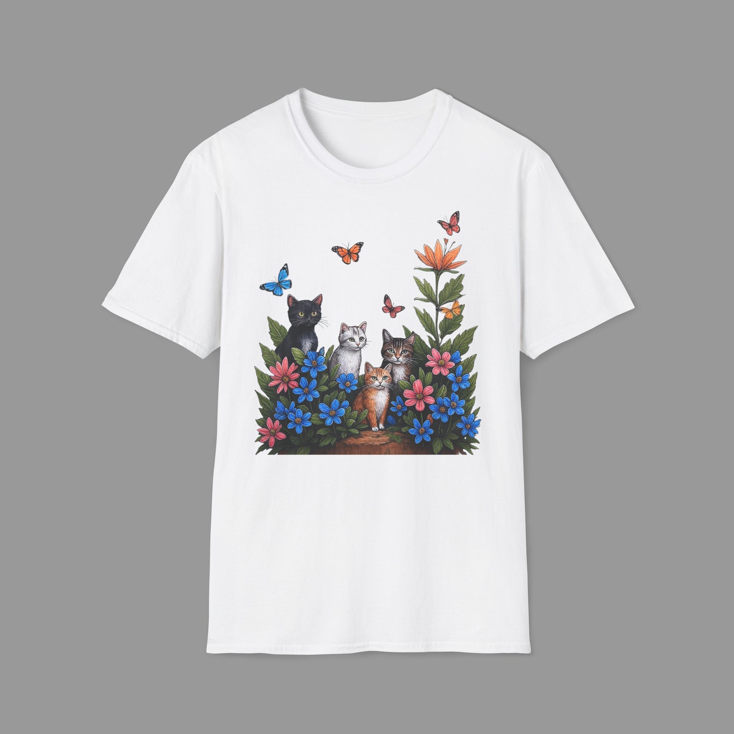 PAWSUPREMACY - Cute Cats T Shirt with Colorful Flowers and Butterflies Nature Inspired Graphic Tee for Cat Lovers
