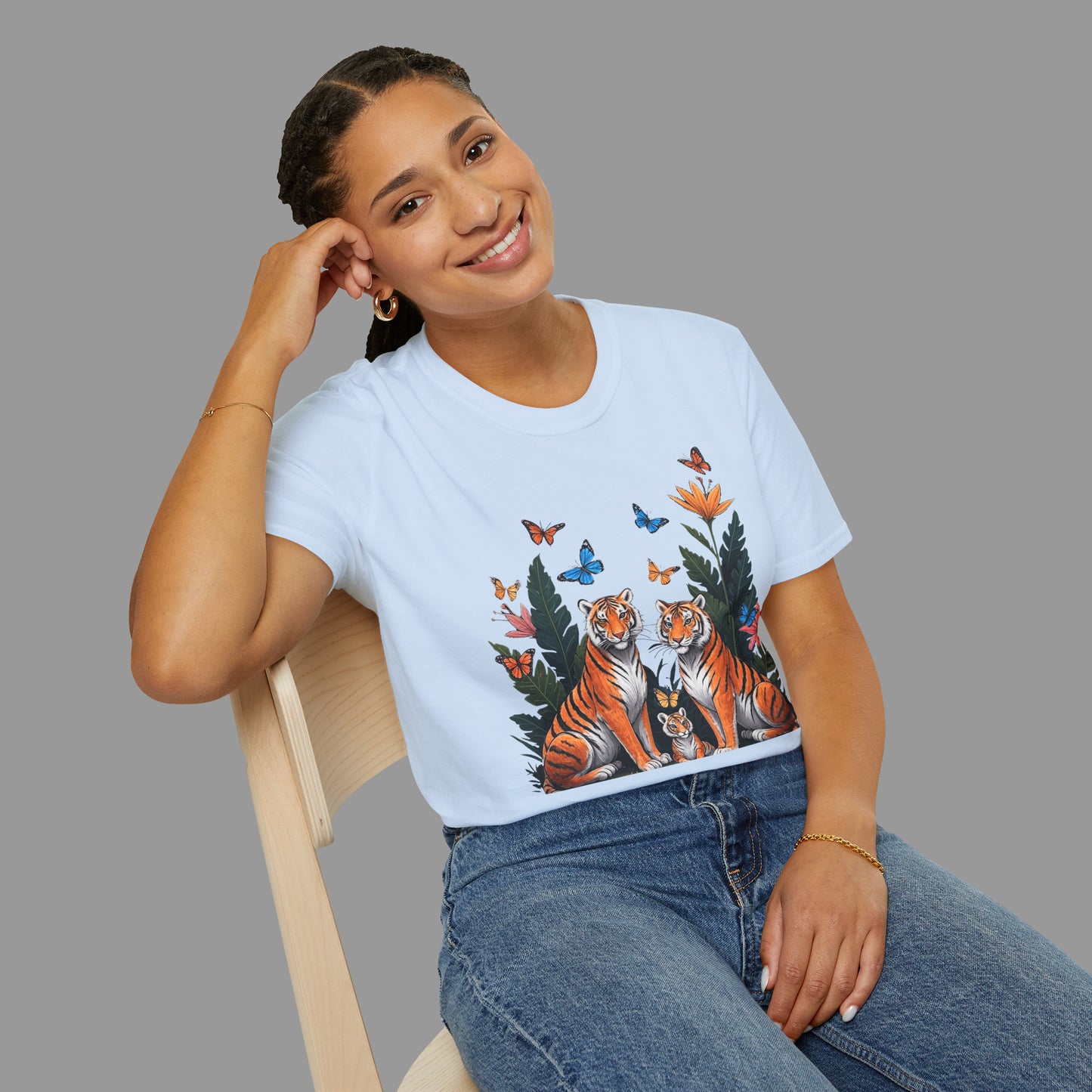 PAWSUPREMACY - Cute Tiger Family T Shirt with Butterflies and Jungle Flowers Organic Cotton Unisex Shirt