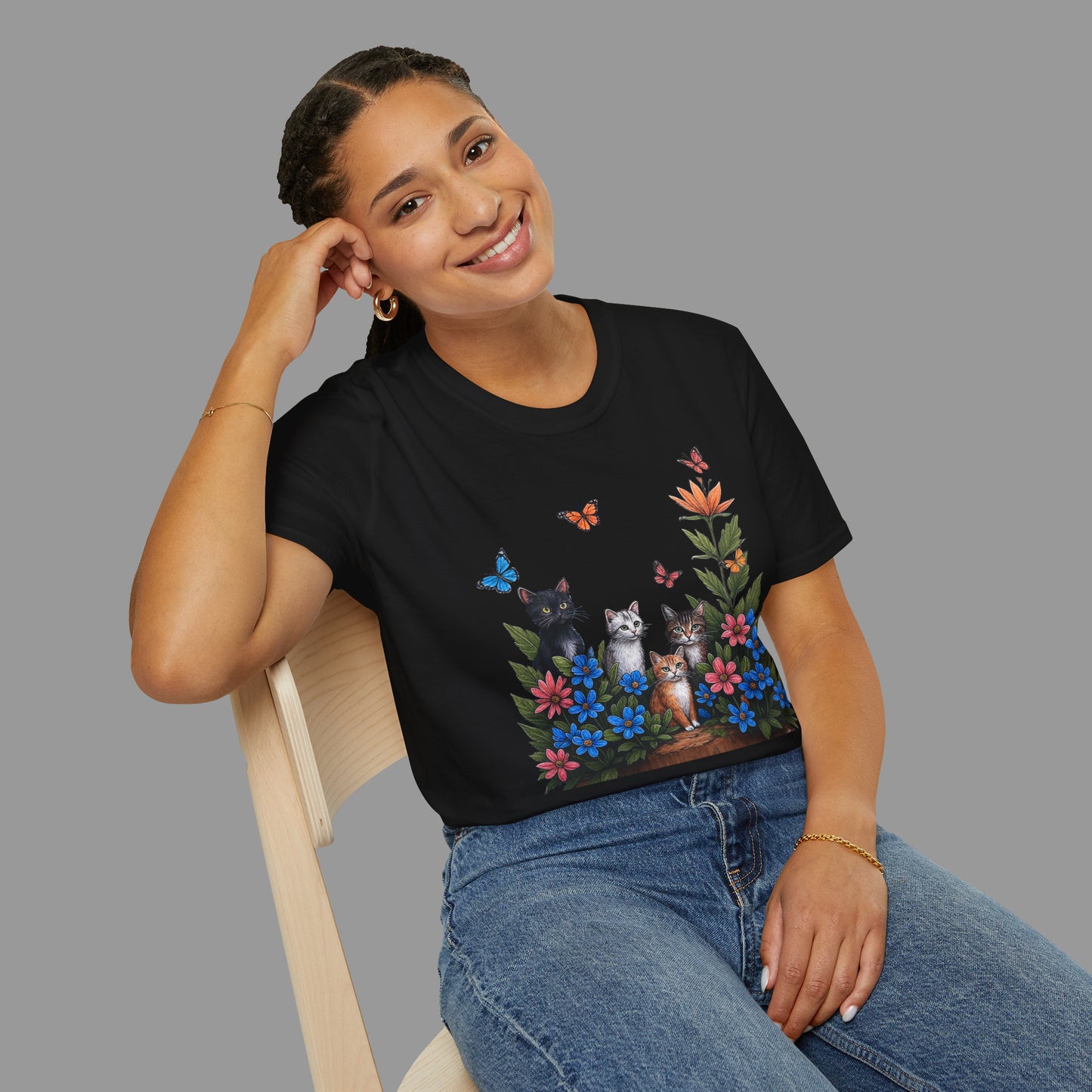 PAWSUPREMACY - Cute Cats T Shirt with Colorful Flowers and Butterflies Nature Inspired Graphic Tee for Cat Lovers