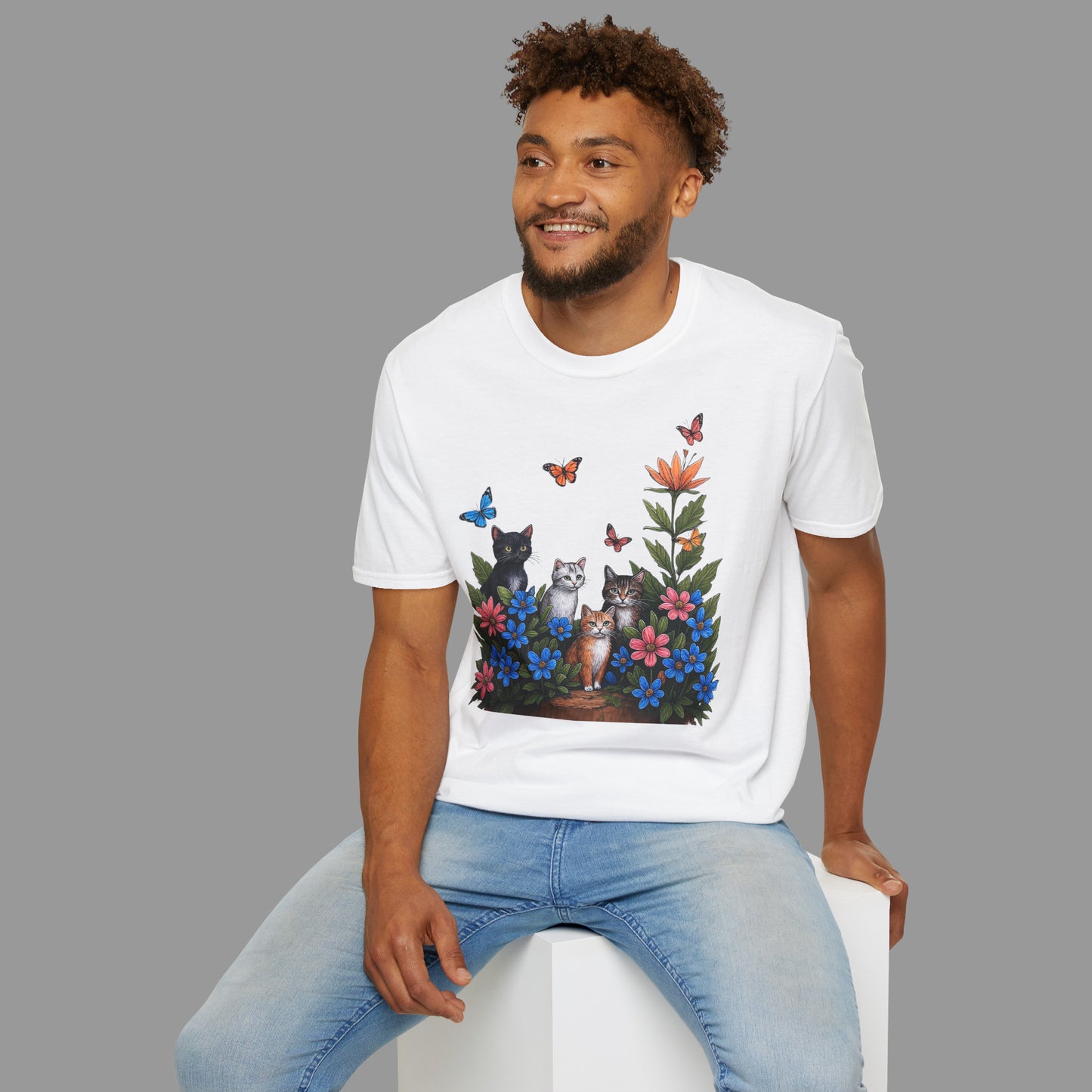 PAWSUPREMACY - Cute Cats T Shirt with Colorful Flowers and Butterflies Nature Inspired Graphic Tee for Cat Lovers