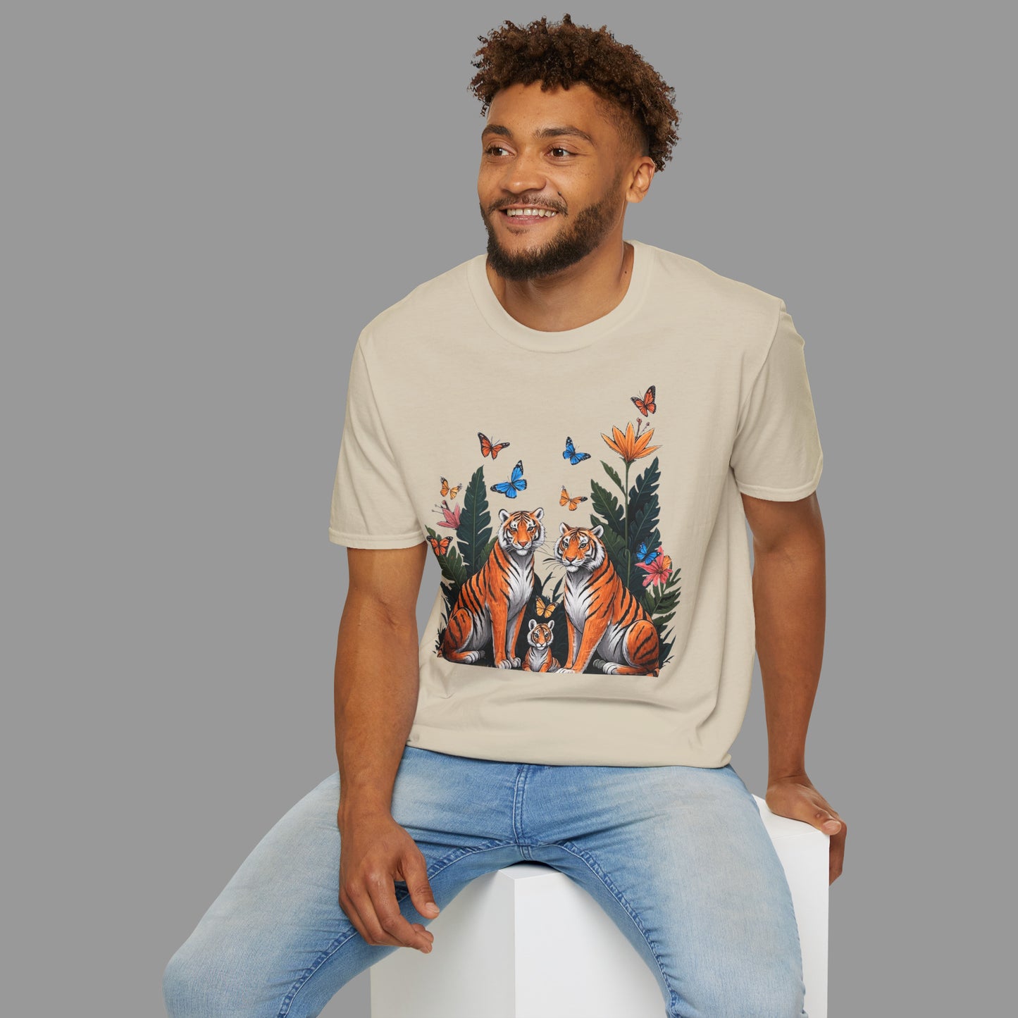 PAWSUPREMACY - Cute Tiger Family T Shirt with Butterflies and Jungle Flowers Organic Cotton Unisex Shirt