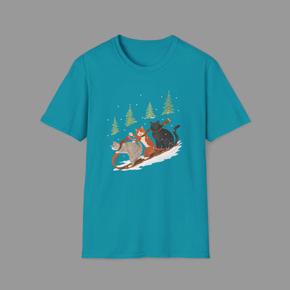 PAWSUPREMACY – Winter Cats Christmas T Shirt with Cozy Snowy Forest Scene Playful Sledding Cat Lover Graphic Tee for Holiday Season.