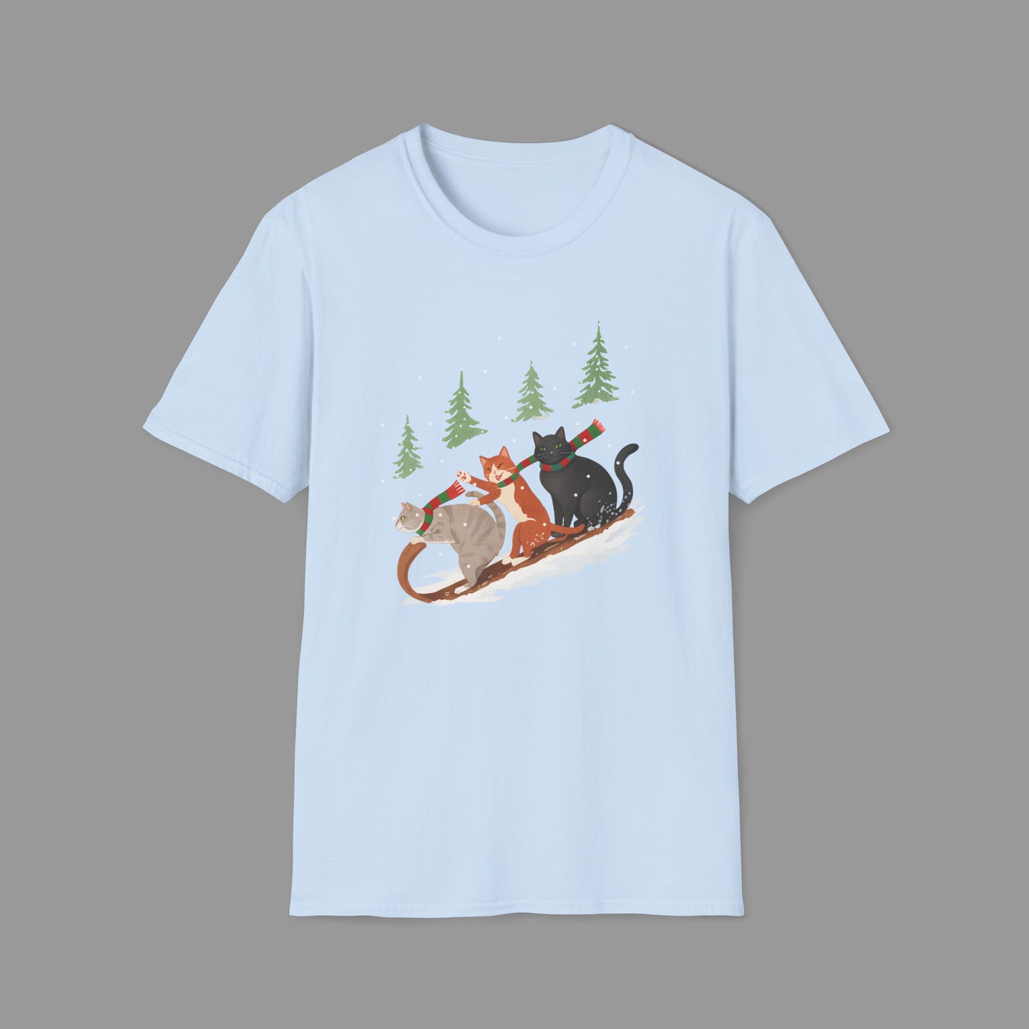 PAWSUPREMACY – Winter Cats Christmas T Shirt with Cozy Snowy Forest Scene Playful Sledding Cat Lover Graphic Tee for Holiday Season.