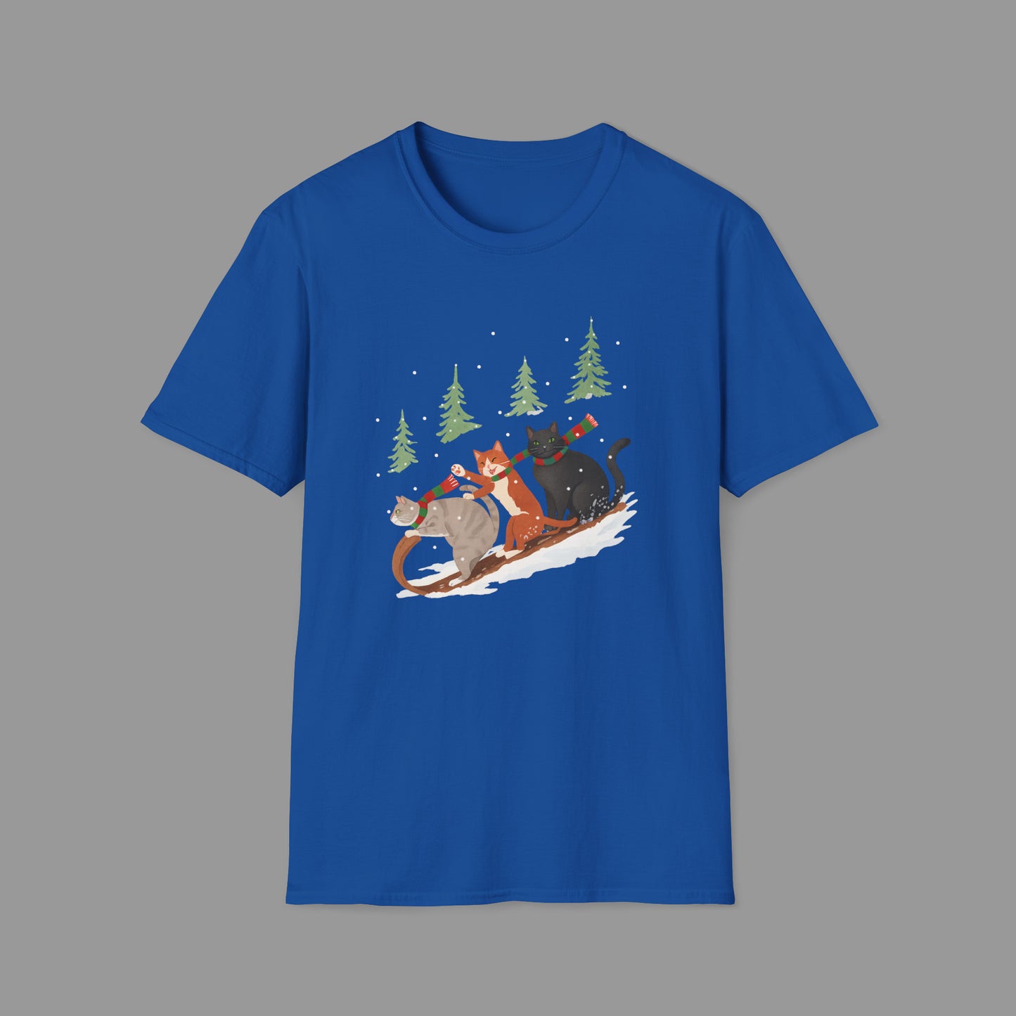 PAWSUPREMACY – Winter Cats Christmas T Shirt with Cozy Snowy Forest Scene Playful Sledding Cat Lover Graphic Tee for Holiday Season.