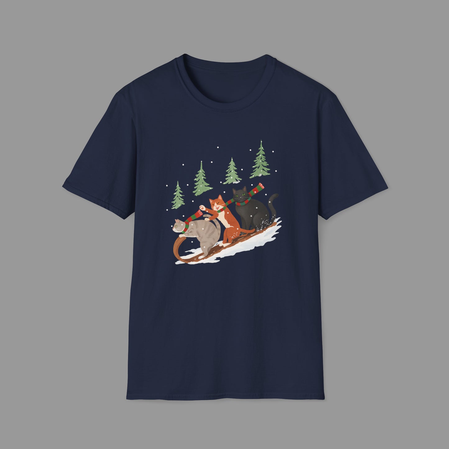 PAWSUPREMACY – Winter Cats Christmas T Shirt with Cozy Snowy Forest Scene Playful Sledding Cat Lover Graphic Tee for Holiday Season.