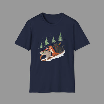 PAWSUPREMACY – Winter Cats Christmas T Shirt with Cozy Snowy Forest Scene Playful Sledding Cat Lover Graphic Tee for Holiday Season.