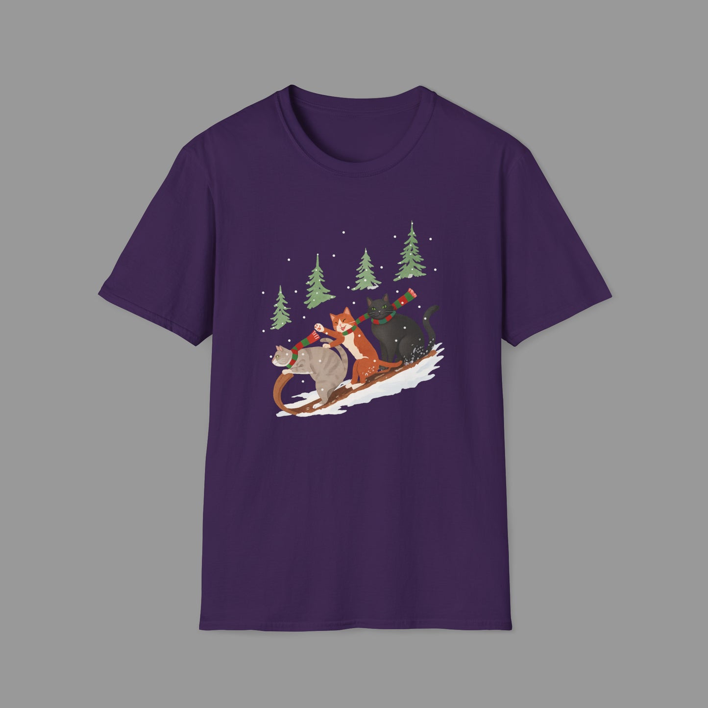 PAWSUPREMACY – Winter Cats Christmas T Shirt with Cozy Snowy Forest Scene Playful Sledding Cat Lover Graphic Tee for Holiday Season.