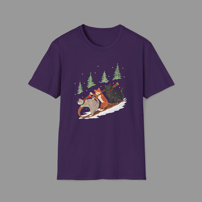 PAWSUPREMACY – Winter Cats Christmas T Shirt with Cozy Snowy Forest Scene Playful Sledding Cat Lover Graphic Tee for Holiday Season.