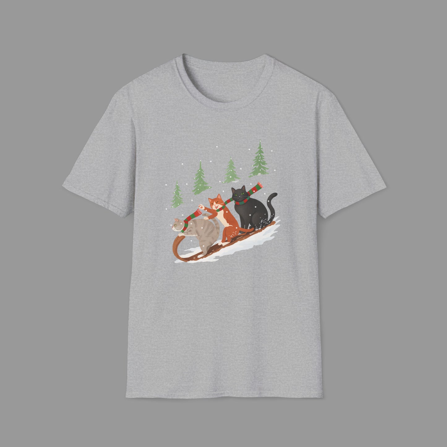 PAWSUPREMACY – Winter Cats Christmas T Shirt with Cozy Snowy Forest Scene Playful Sledding Cat Lover Graphic Tee for Holiday Season.