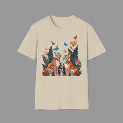 PAWSUPREMACY - Cute Tiger Family T Shirt with Butterflies and Jungle Flowers Organic Cotton Unisex Shirt