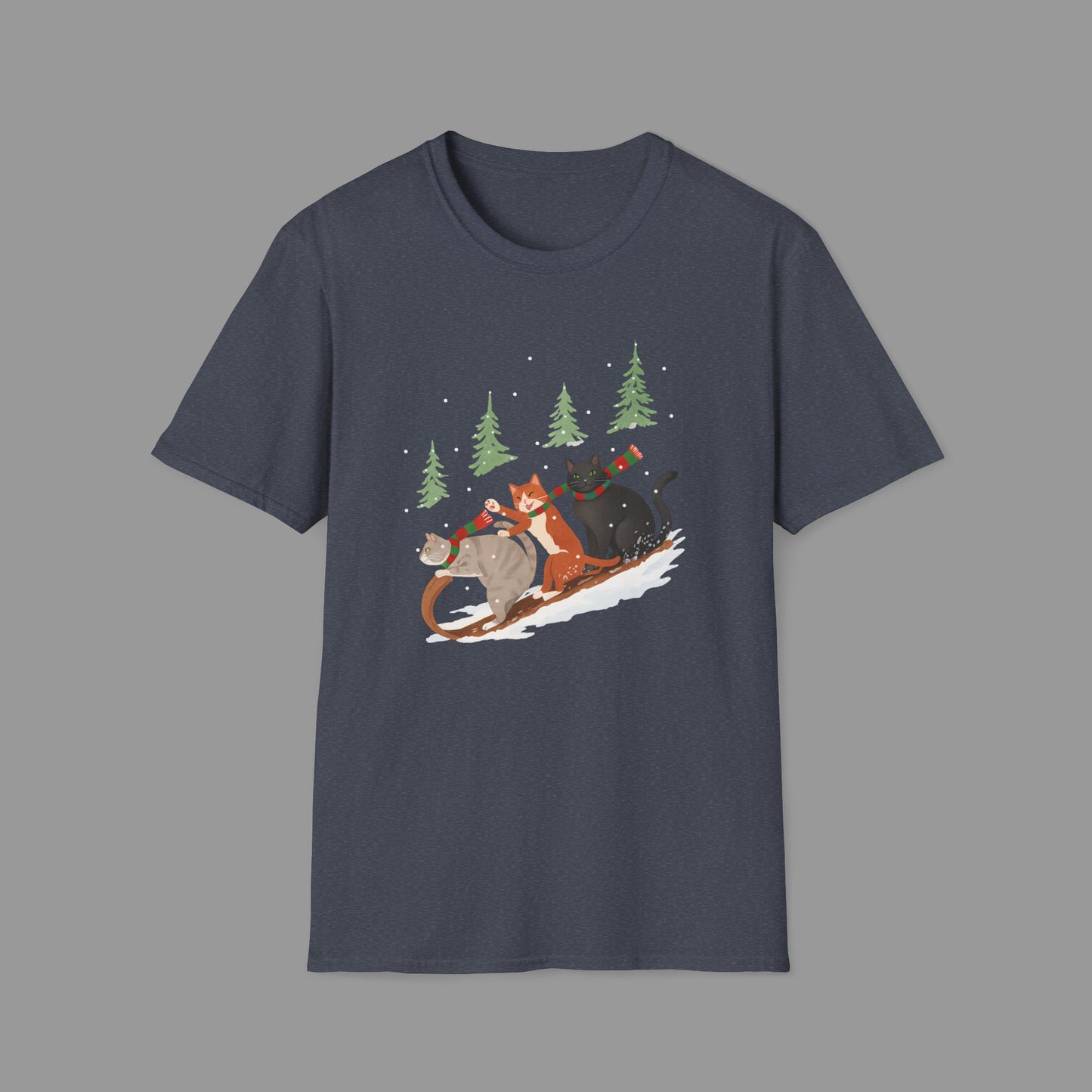 PAWSUPREMACY – Winter Cats Christmas T Shirt with Cozy Snowy Forest Scene Playful Sledding Cat Lover Graphic Tee for Holiday Season.
