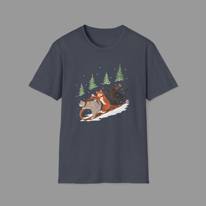 PAWSUPREMACY – Winter Cats Christmas T Shirt with Cozy Snowy Forest Scene Playful Sledding Cat Lover Graphic Tee for Holiday Season.