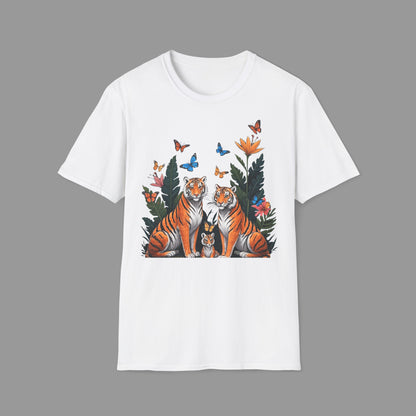 PAWSUPREMACY - Cute Tiger Family T Shirt with Butterflies and Jungle Flowers Organic Cotton Unisex Shirt