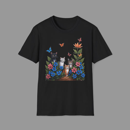 PAWSUPREMACY - Cute Cats T Shirt with Colorful Flowers and Butterflies Nature Inspired Graphic Tee for Cat Lovers