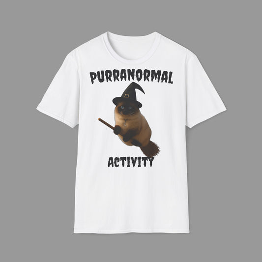 PAWSUPREMACY - Halloween Witch Cat T Shirt with Moon Necklace and Broomstick Magical Graphic Tee for Cat Lovers.