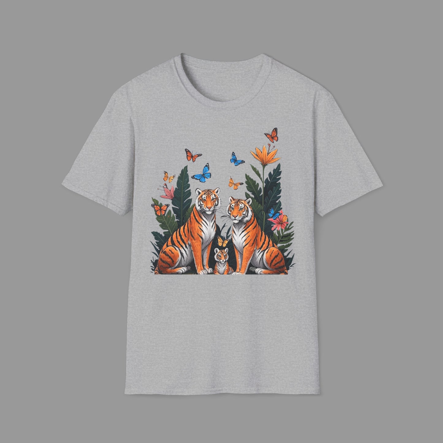 PAWSUPREMACY - Cute Tiger Family T Shirt with Butterflies and Jungle Flowers Organic Cotton Unisex Shirt