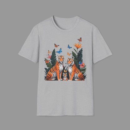 PAWSUPREMACY - Cute Tiger Family T Shirt with Butterflies and Jungle Flowers Organic Cotton Unisex Shirt