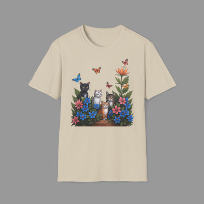 PAWSUPREMACY - Cute Cats T Shirt with Colorful Flowers and Butterflies Nature Inspired Graphic Tee for Cat Lovers