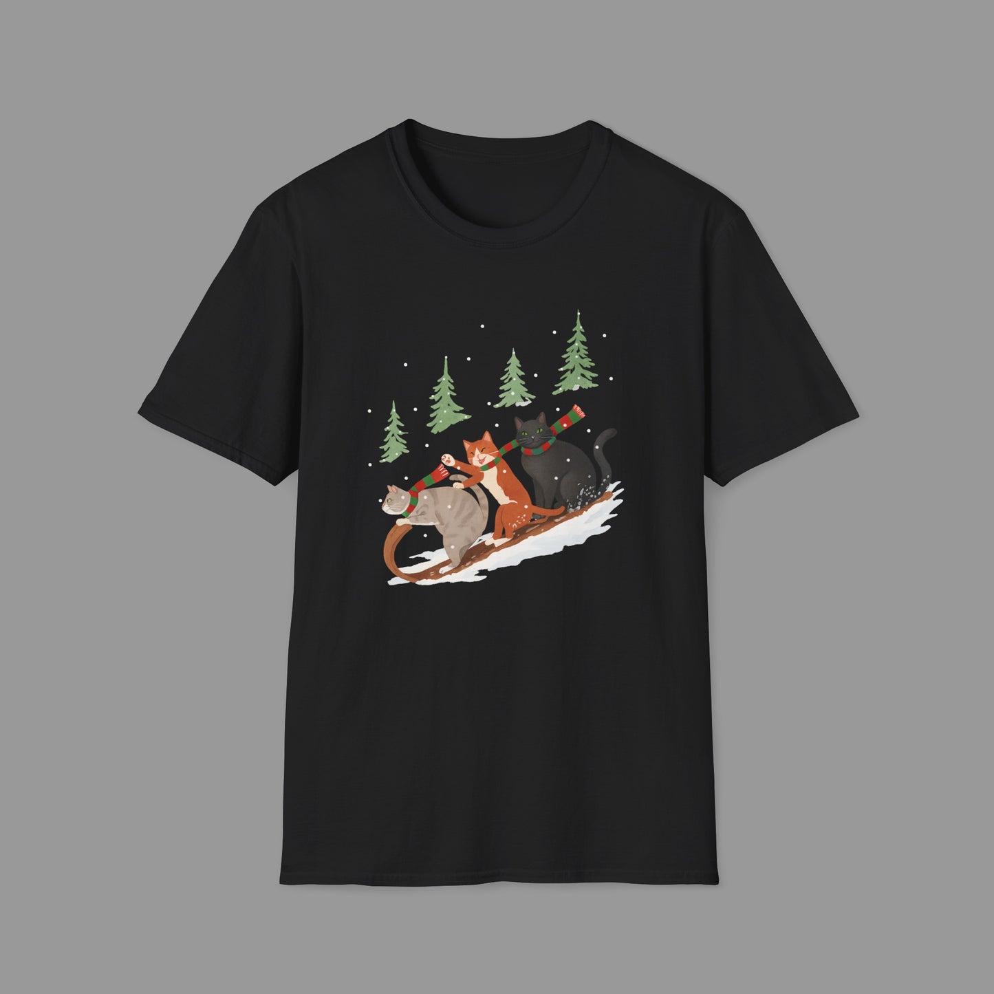 PAWSUPREMACY – Winter Cats Christmas T Shirt with Cozy Snowy Forest Scene Playful Sledding Cat Lover Graphic Tee for Holiday Season.