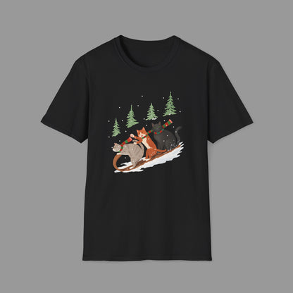 PAWSUPREMACY – Winter Cats Christmas T Shirt with Cozy Snowy Forest Scene Playful Sledding Cat Lover Graphic Tee for Holiday Season.