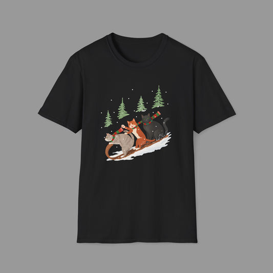 PAWSUPREMACY – Winter Cats Christmas T Shirt with Cozy Snowy Forest Scene Playful Sledding Cat Lover Graphic Tee for Holiday Season.