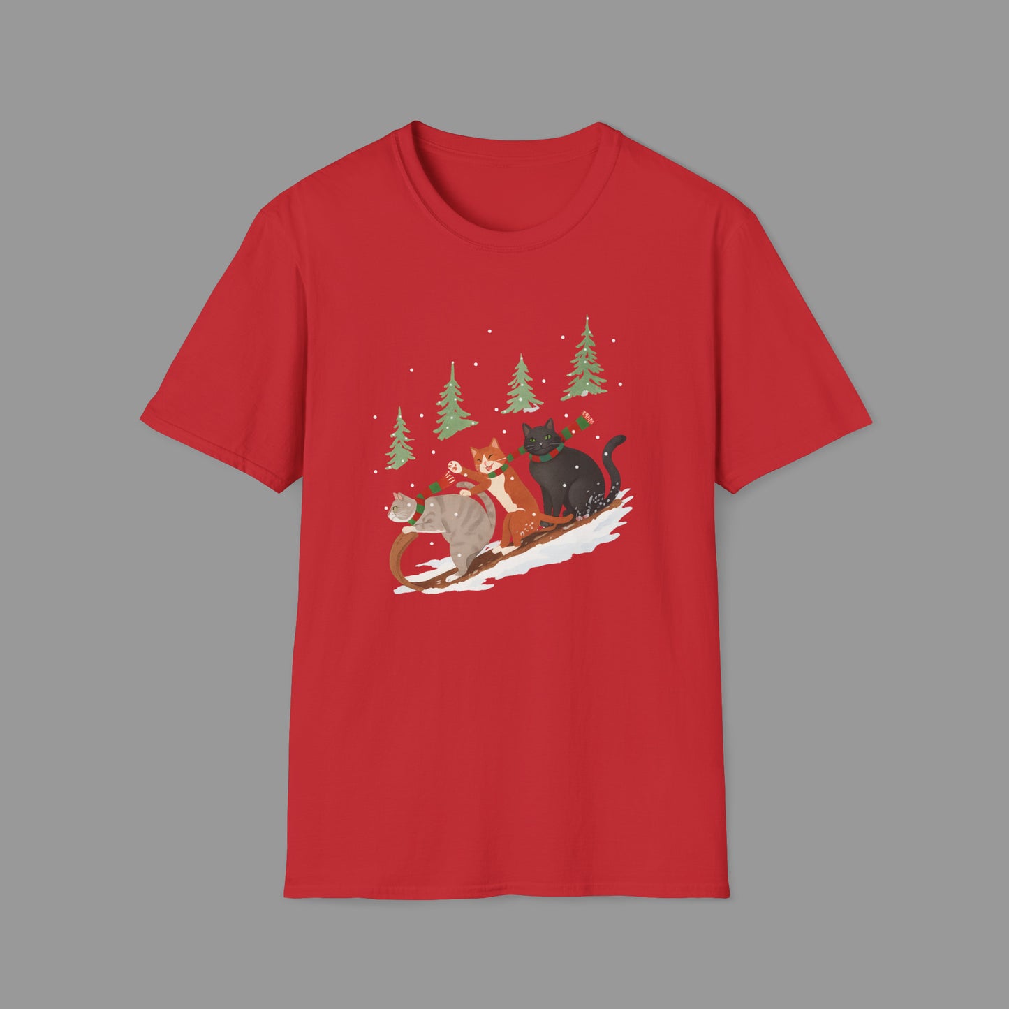 PAWSUPREMACY – Winter Cats Christmas T Shirt with Cozy Snowy Forest Scene Playful Sledding Cat Lover Graphic Tee for Holiday Season.