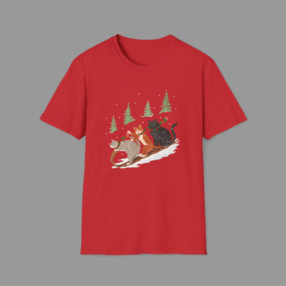 PAWSUPREMACY – Winter Cats Christmas T Shirt with Cozy Snowy Forest Scene Playful Sledding Cat Lover Graphic Tee for Holiday Season.