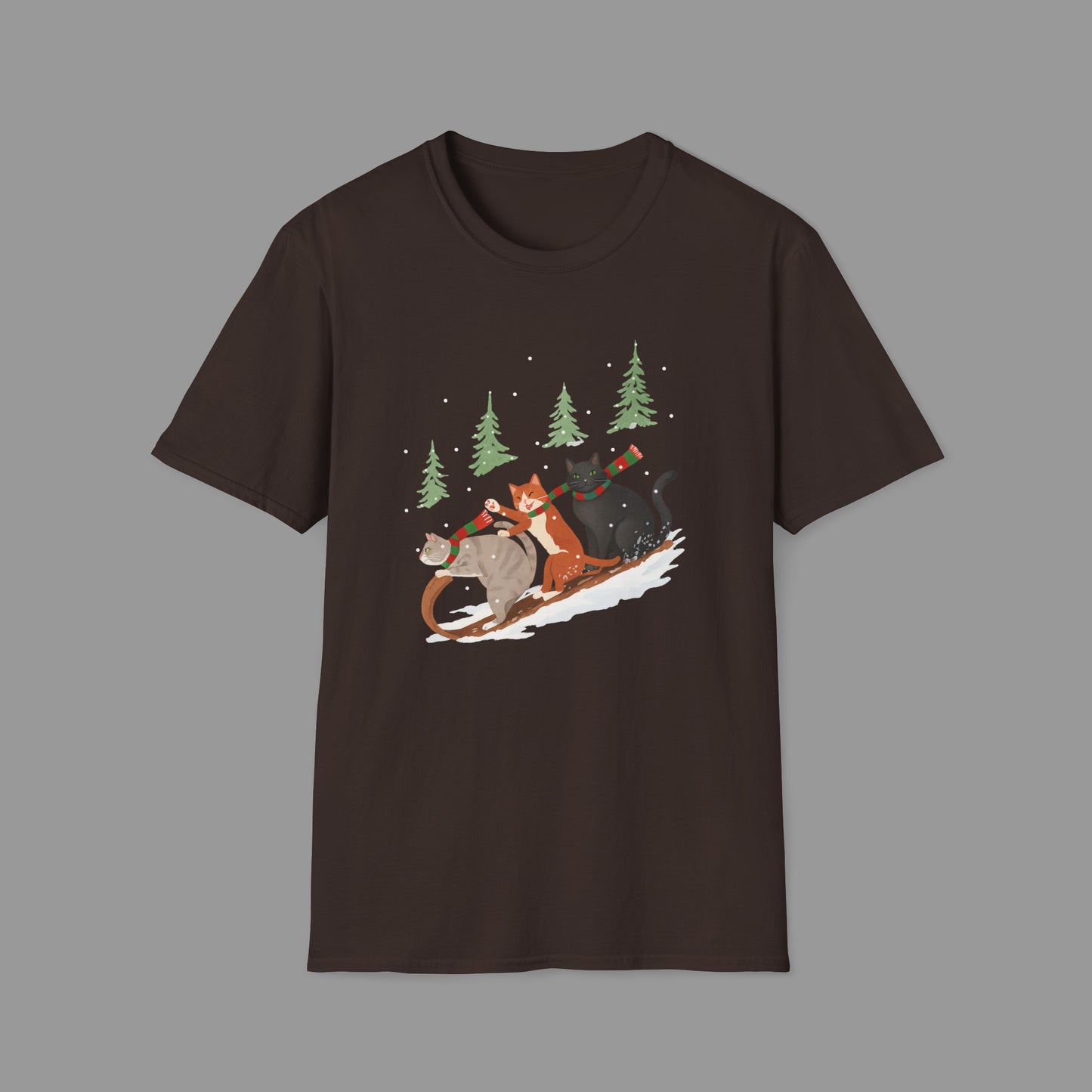 PAWSUPREMACY – Winter Cats Christmas T Shirt with Cozy Snowy Forest Scene Playful Sledding Cat Lover Graphic Tee for Holiday Season.