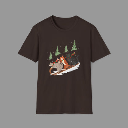 PAWSUPREMACY – Winter Cats Christmas T Shirt with Cozy Snowy Forest Scene Playful Sledding Cat Lover Graphic Tee for Holiday Season.