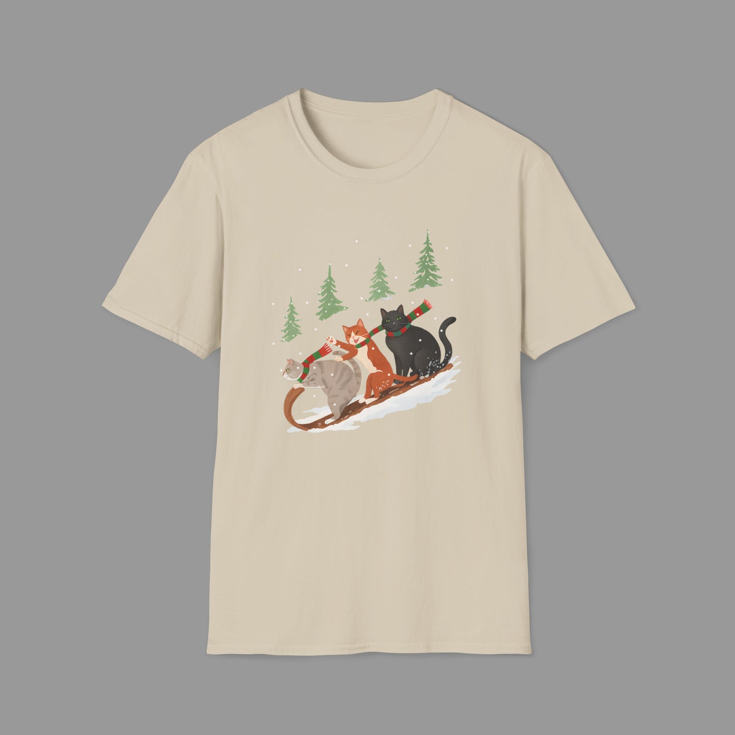 PAWSUPREMACY – Winter Cats Christmas T Shirt with Cozy Snowy Forest Scene Playful Sledding Cat Lover Graphic Tee for Holiday Season.