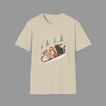 PAWSUPREMACY – Winter Cats Christmas T Shirt with Cozy Snowy Forest Scene Playful Sledding Cat Lover Graphic Tee for Holiday Season.