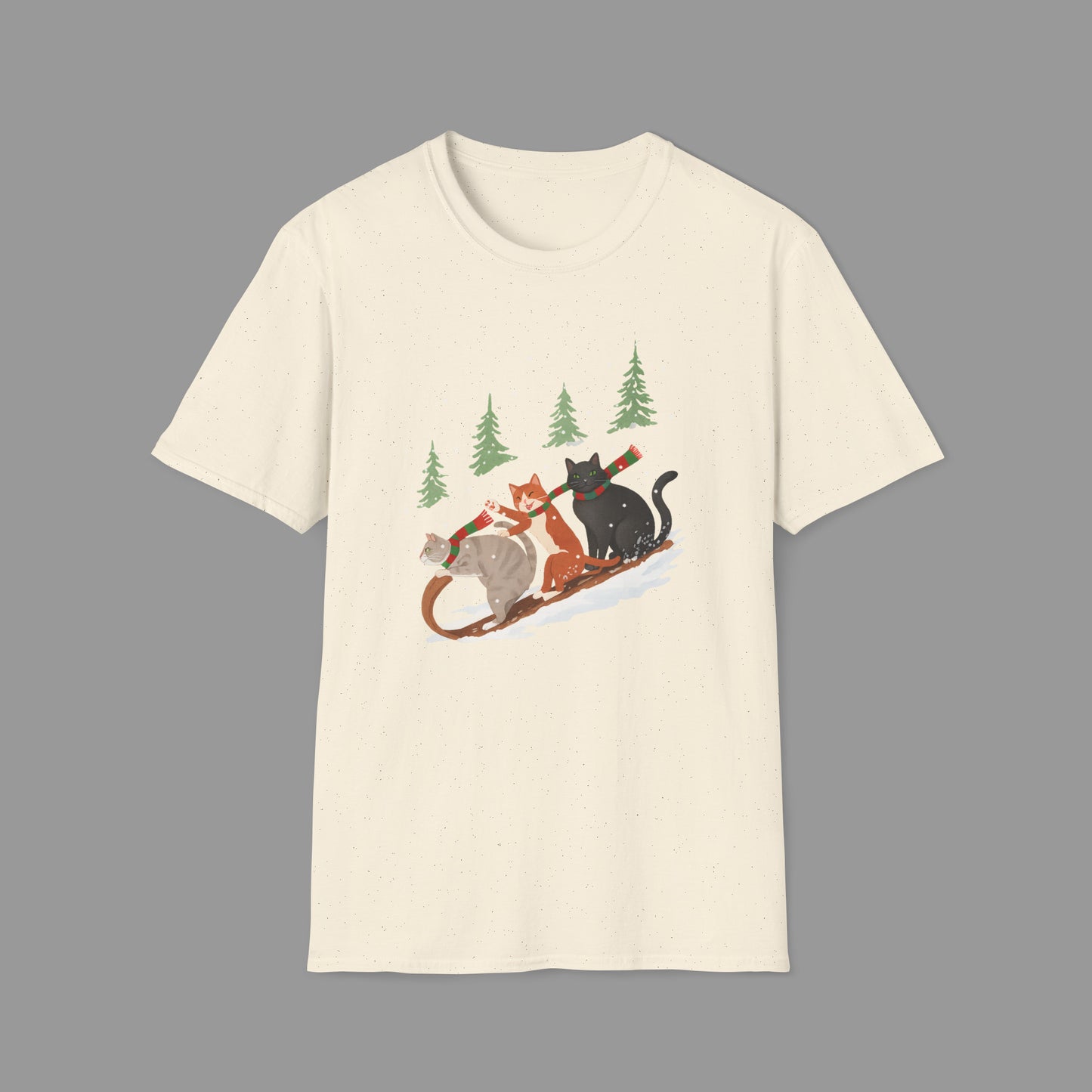 PAWSUPREMACY – Winter Cats Christmas T Shirt with Cozy Snowy Forest Scene Playful Sledding Cat Lover Graphic Tee for Holiday Season.