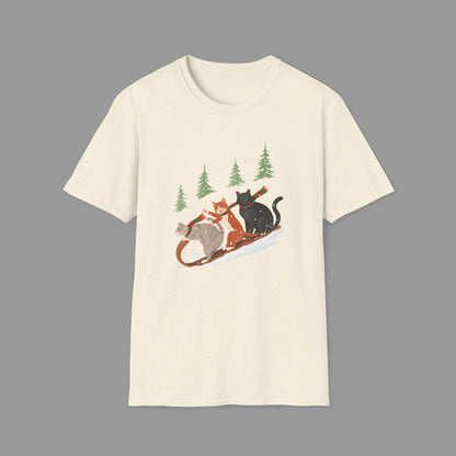 PAWSUPREMACY – Winter Cats Christmas T Shirt with Cozy Snowy Forest Scene Playful Sledding Cat Lover Graphic Tee for Holiday Season.
