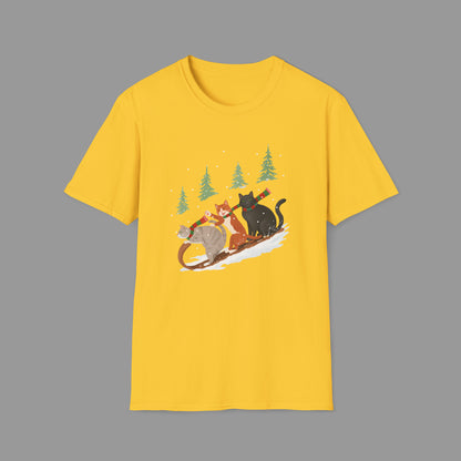PAWSUPREMACY – Winter Cats Christmas T Shirt with Cozy Snowy Forest Scene Playful Sledding Cat Lover Graphic Tee for Holiday Season.