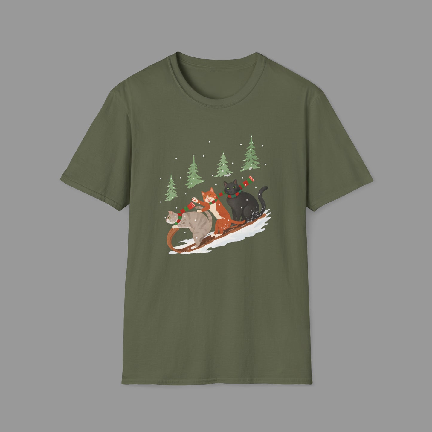 PAWSUPREMACY – Winter Cats Christmas T Shirt with Cozy Snowy Forest Scene Playful Sledding Cat Lover Graphic Tee for Holiday Season.