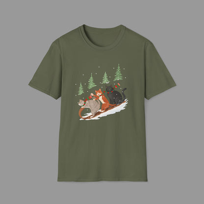 PAWSUPREMACY – Winter Cats Christmas T Shirt with Cozy Snowy Forest Scene Playful Sledding Cat Lover Graphic Tee for Holiday Season.