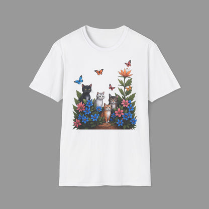 PAWSUPREMACY - Cute Cats T Shirt with Colorful Flowers and Butterflies Nature Inspired Graphic Tee for Cat Lovers