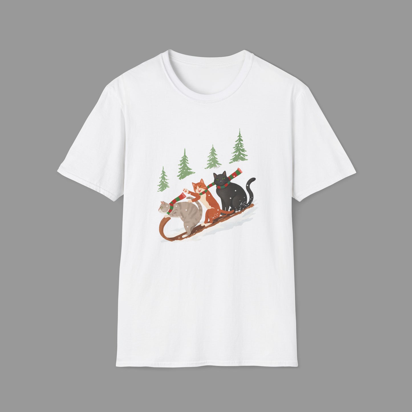 PAWSUPREMACY – Winter Cats Christmas T Shirt with Cozy Snowy Forest Scene Playful Sledding Cat Lover Graphic Tee for Holiday Season.