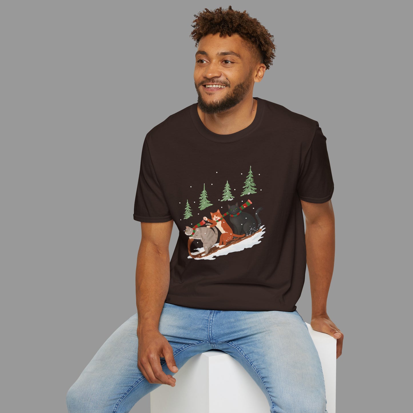 PAWSUPREMACY – Winter Cats Christmas T Shirt with Cozy Snowy Forest Scene Playful Sledding Cat Lover Graphic Tee for Holiday Season.