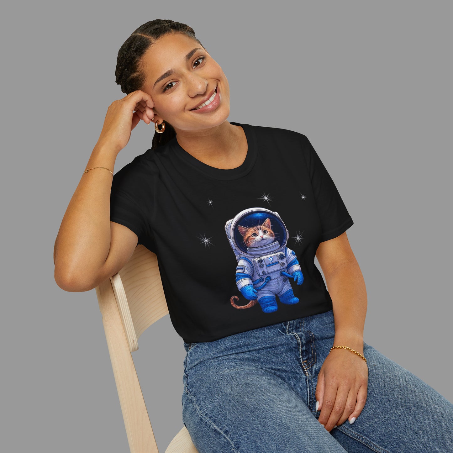 PAWSUPREMACY - Cute Cat Astronaut T Shirt with Stars and Galaxy Space Inspired Graphic Tee for Cat Lovers